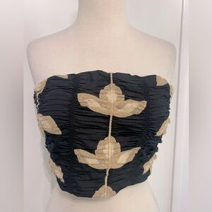 ZARA Black/Tan Embroidered Strapless Crop Top - Size L - NEW